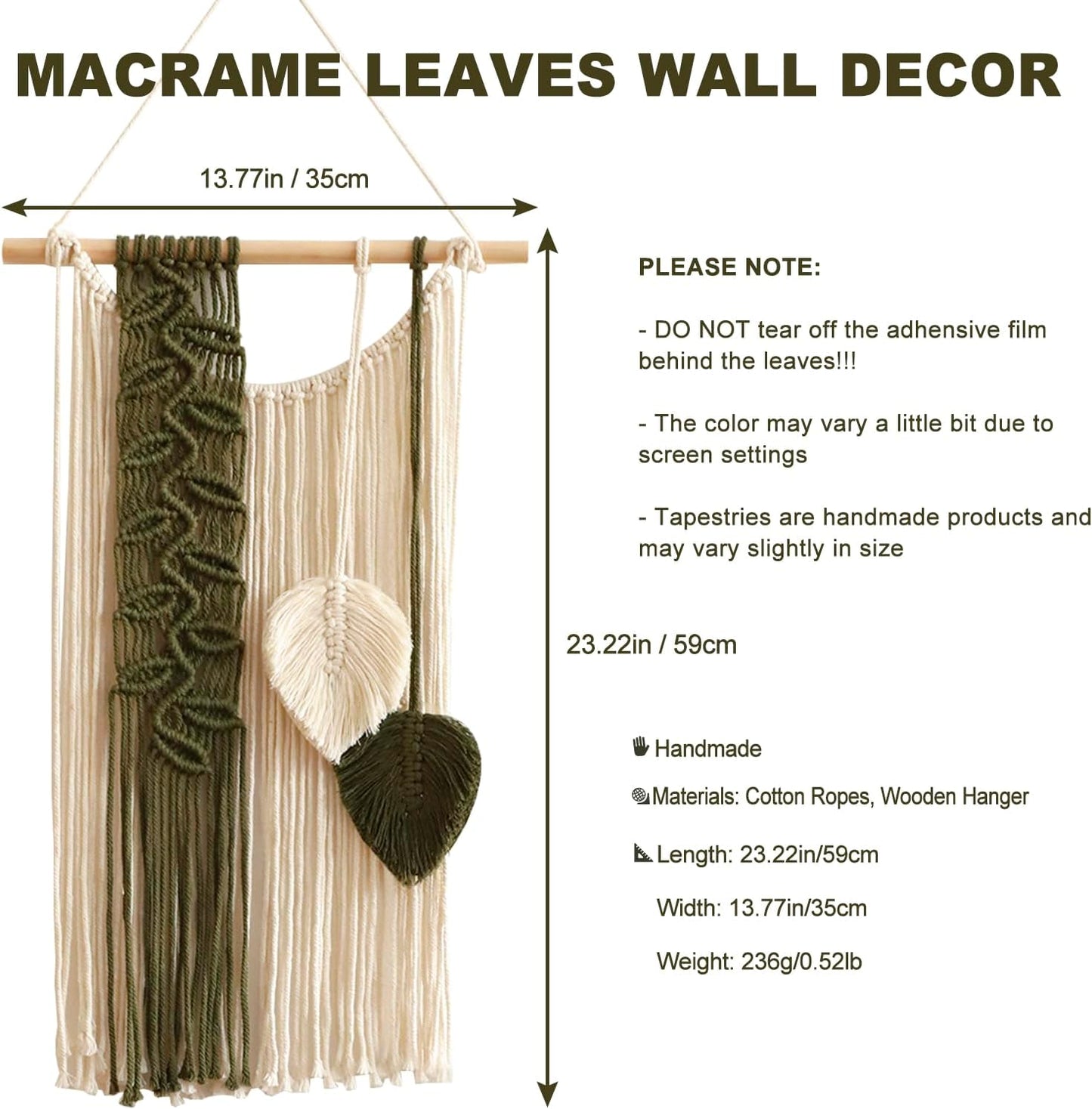 Macrame Leaves Tapestry Wall Decor- Bohemian Woven Tapestries Green Leaves Wall Art, Large Boho Tassels Hanging Ornament Western Room Decor for Bedroom Living Room Dorm