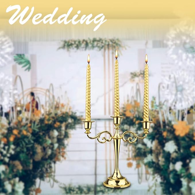 3 Candle Metal Candelabra – Candlesticks Holder for Formal Events, Wedding, Church, Holiday Décor, Halloween – Taper Candle Holder Stand Centerpiece Elegant Decoration Piece for Table,Gold