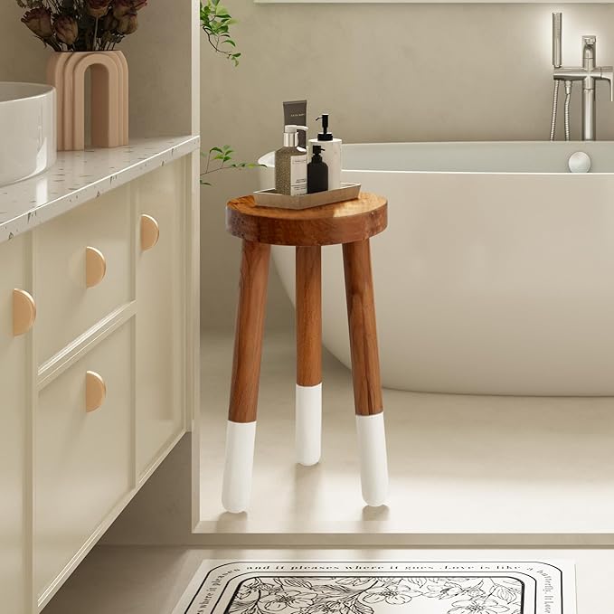 Teak 11.8" Round Dip Dyed Teak Stool | Wood Accent Side Table | Wood Plant Stand (20" Tall White)