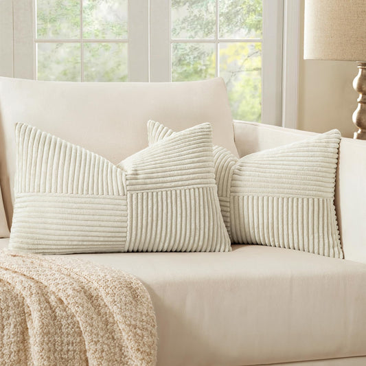 MIULEE Beige Corduroy Pillow Covers Pack of 2 Boho Decorative Spliced Throw Pillow Covers Soft Solid Couch Pillowcases Cross Patchwork Textured Cushion Covers for Living Room Bed Sofa 12x24 inch