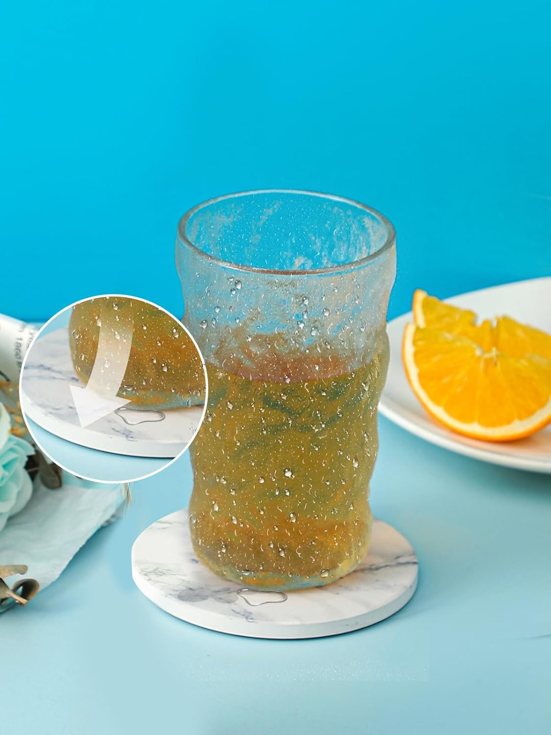 LIFVER Absorbent Coaster Sets of 4, Drink Coasters with Holder, White Marble Style Ceramic Drink Coaster for Tabletop Protection, Suitable for Kinds of Cups and Wooden Table, Cool Home Decor, 4 Inches