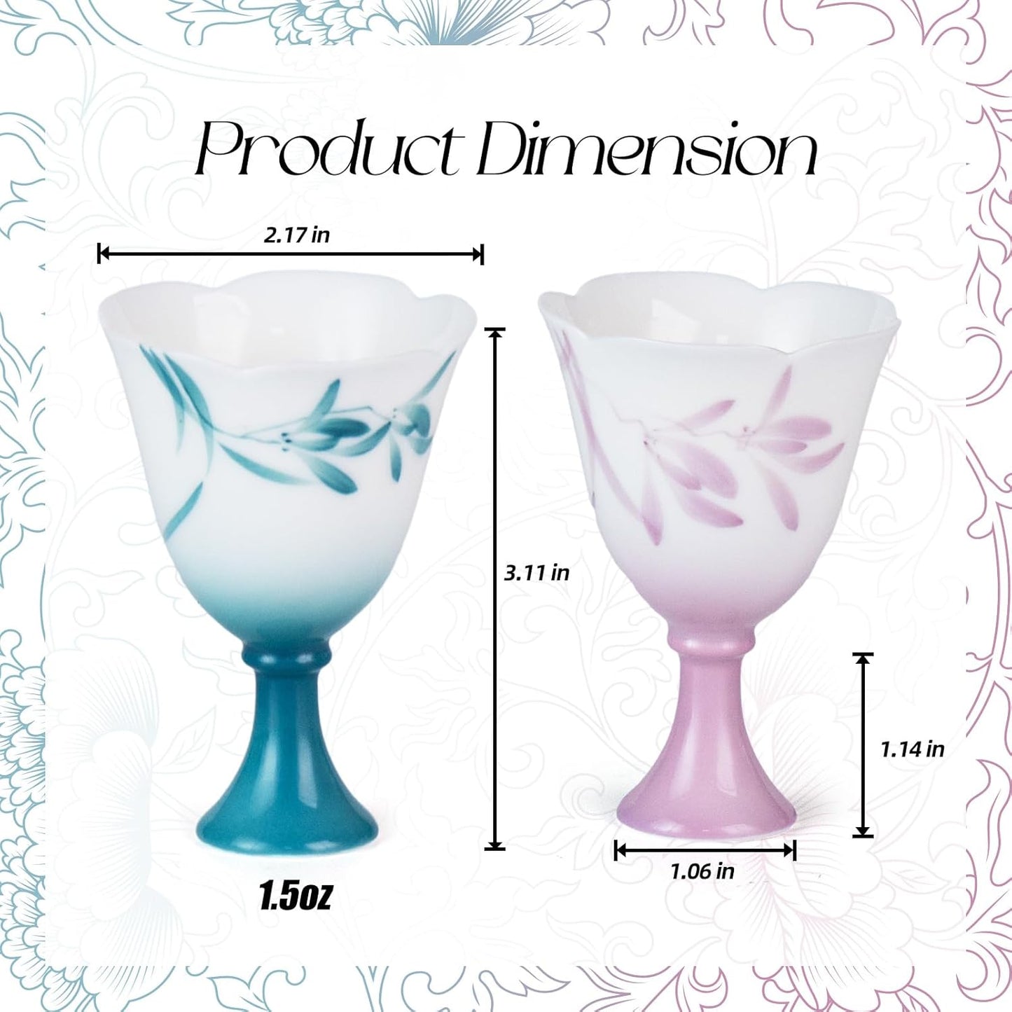 KAMMAK Ceramic Tea Cups Small, Cute Vintage Coffee Cup Set of 2, Porcelain Teacups Espresso Mug, 1.5oz Hand Painted Chinese Afternoon Tea Party Mugs, Birthday Gift for Women Men, Spring Beauty