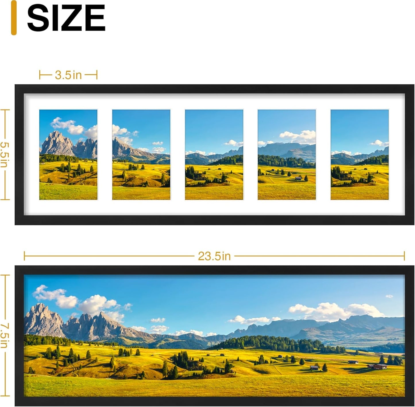 decorUhome 8x24 Picture Frames Collage Wall Decor, Display 5Pcs 4x6 Photos with Mat or 1Pcs 8x24 Unmatted, 5 4x6 Collage Picture Frames for Wall Mounting, Black