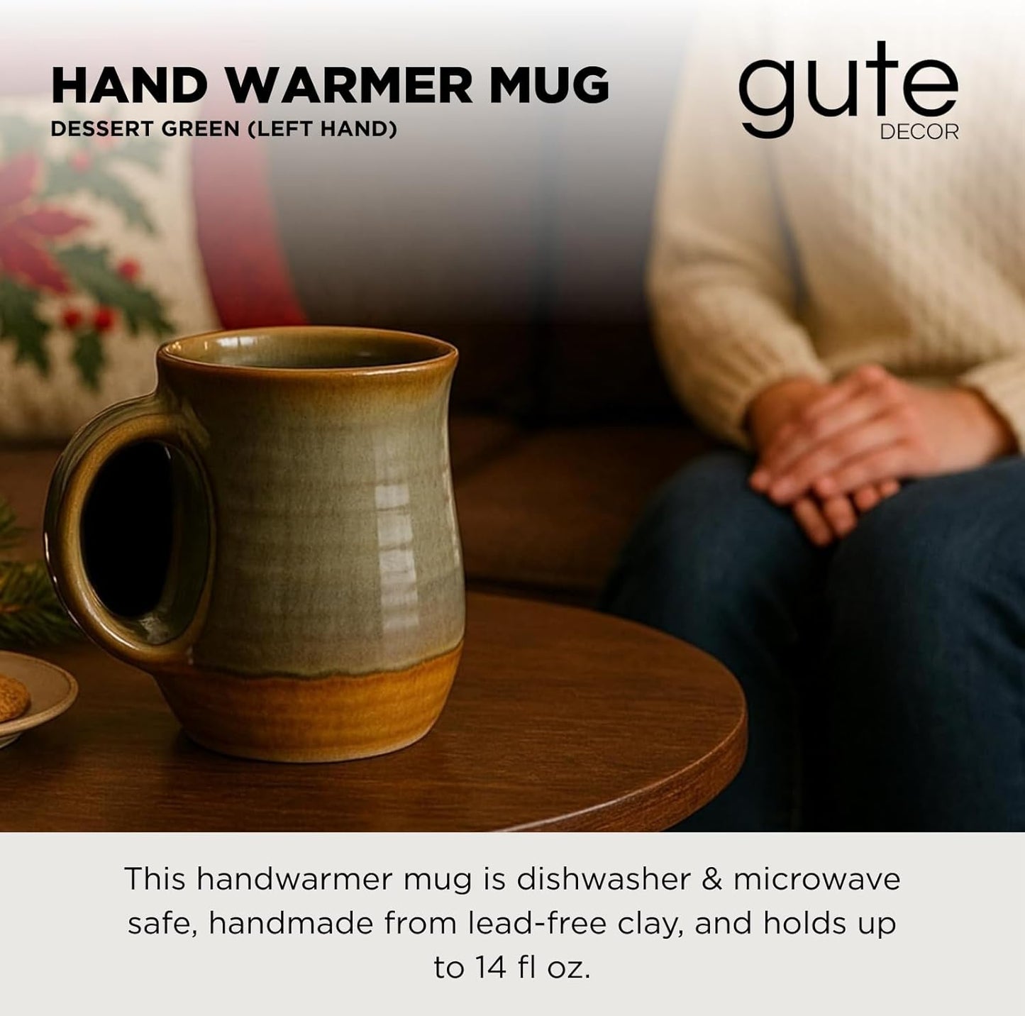 Hand Warmer Mug, Handmade Pottery Ceramic and Hand Painted - The Contoured Pocket will Hold Warmth From The Heat Of Your Drink To Keep Your Fingers Warm, Comfy Handwarmer (Desert Green) (Left hand)