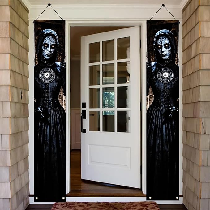 2PCS Halloween Porch Banner Gothic Ghost Lady Vertical Hanging Decorations for Front Door Haunted House Scary Door Sign Spooky Wall Decor Creepy Entrance Party Backdrop 71 x 12 Inch