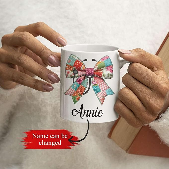 Unique Custom Name Coffee Mug 11oz 15oz, Floral Patchwork Bow White Cup, Personalized Bow with Stethoscope Ceramic Cup, Gifts for Nurses, Custom Vintage-Inspired Mug for Holiday
