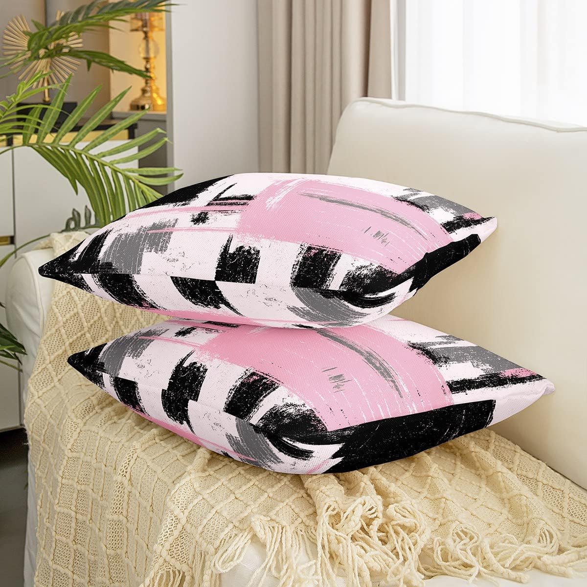 Feelyou Abstract Throw Pillow Covers for Couch Sofa Bed, Set of 2 Modern Abstract Art Decorative Pillows Cushion Covers, Pink Black Pattern Pillow Inserts Not Included, 20x20 inch