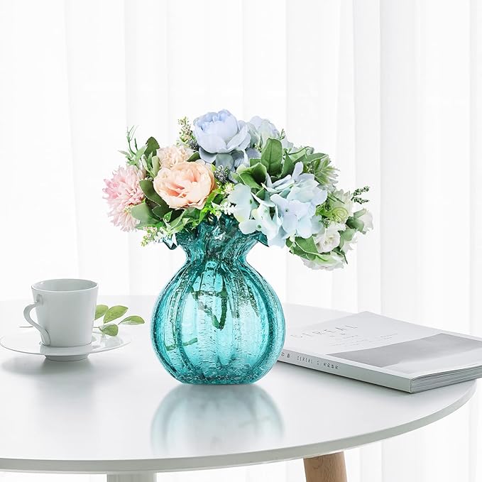 Blown Glass vase, Green Art Glass vase, Modern Art vase for Living Room, Kitchen, Wedding, Dining Table Center Table Decoration Flowers