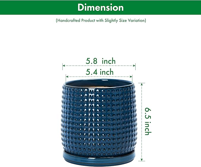 D'vine Dev Set of 2 Ceramic Plants Pots, 6 Inch Beaded Stoneware Flower Pot for Plants with Drainage Hole and Saucer, Midnight Blue, 27-E-X-3