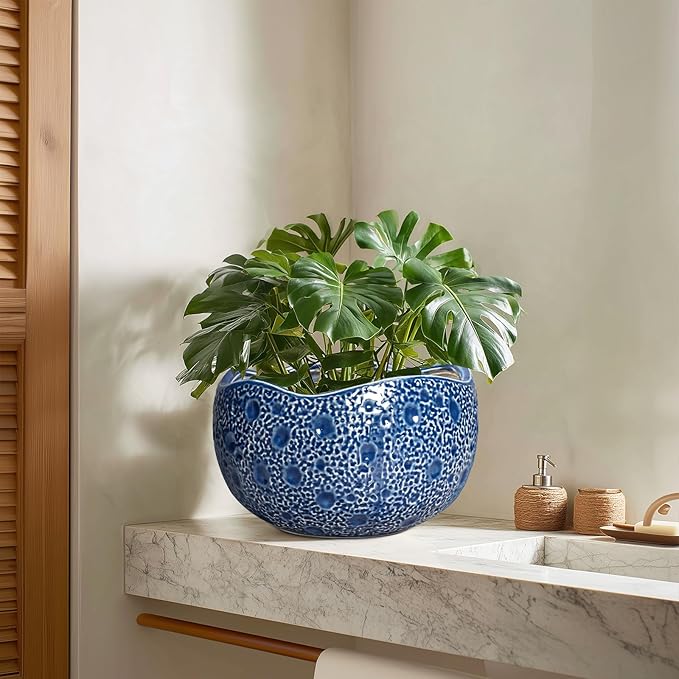 10 Inch Plant Pot - Ceramic Pots for Plants Indoor Outdoor, Round Bonsai Pots with Drainage Hole, Decorative Flower Pot, Modern Unique Planters, House Decor, Housewarming Gifts, Blue