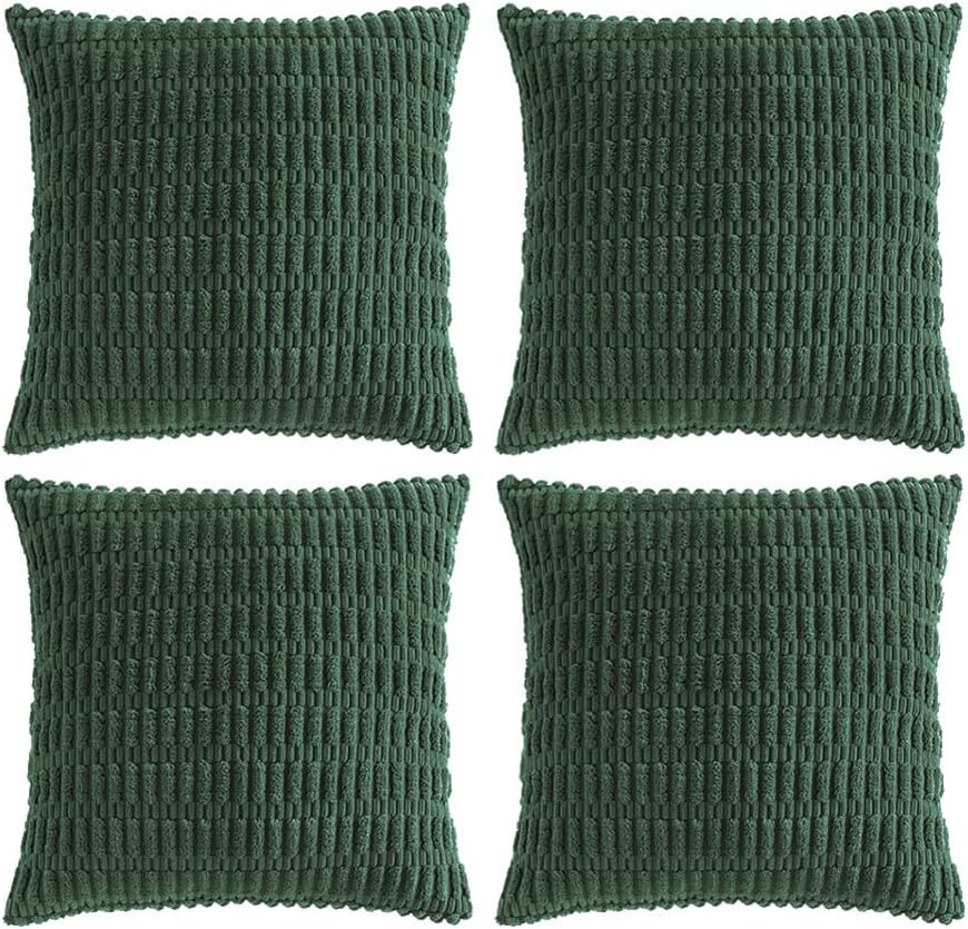 Fancy Homi Set of 4 Dark Green Boho Decorative Throw Pillow Covers 18x18 Inch for Couch Bed Sofa, Aesthetic Modern Bohemian Room Decor, Soft Fuzzy Fluffy Cozy Corduroy Textured Cushion Case 45x45cm