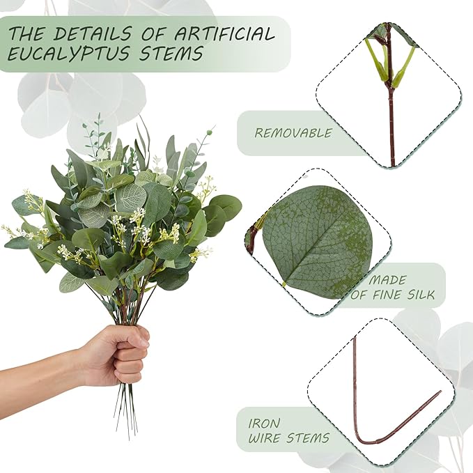120 Pcs 4 Kinds Mixed Eucalyptus Leaves Stems Bulk Artificial Silver Dollar Leaves Picks Dried Eucalyptus Bundle Faux Spray for Wedding Vase Bouquet Floral Arrangement