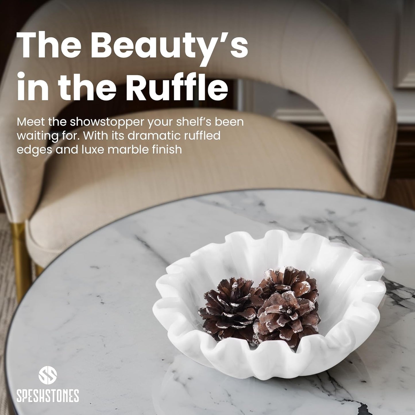 Marble Ruffle Bowl 6 Inch Handmade White Small Decorative Bowl for Modern Home Decor - Scalloped & Fluted Key Bowls for Entryway Tables & Coffee Table Decor