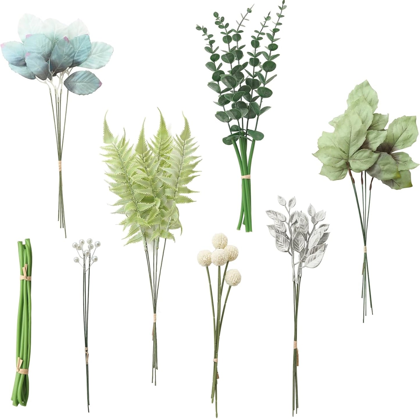 Floroom Artificial Greenery Stems Box Set, 36pcs with 7 Kinds of Faux Greenery Flowers Picks for DIY Bridal Bouquets Wedding Floral Arrangement Table Centerpieces, Dusty Blue & Silver