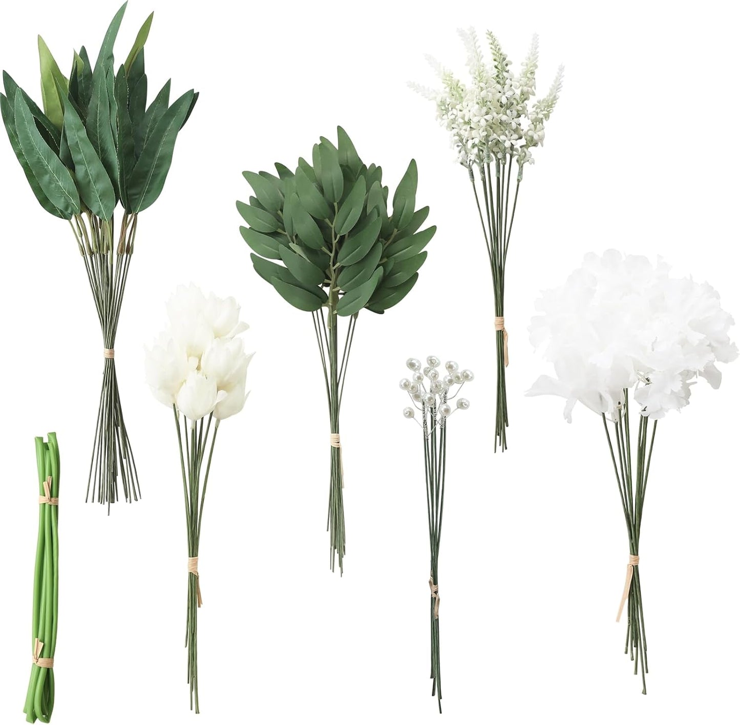 Floroom Artificial Greenery Stems Box Set, 76pcs with 6 Kinds of Faux Greenery Flowers Picks for DIY Bridal Bouquets Wedding Floral Arrangement Table Centerpieces, Green & White