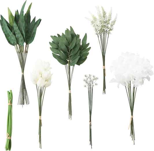 Floroom Artificial Greenery Stems Box Set, 76pcs with 6 Kinds of Faux Greenery Flowers Picks for DIY Bridal Bouquets Wedding Floral Arrangement Table Centerpieces, Green & White