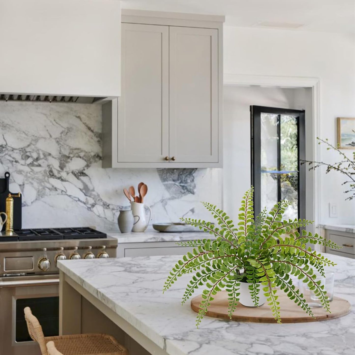 Hollyone Artificial Fern Potted Plant for Outdoors Indoors Lifelike Faux Boston Fern Artificial Plants in White Pot for Garden Patio Home Farmhouse Windowsill Office Decoration