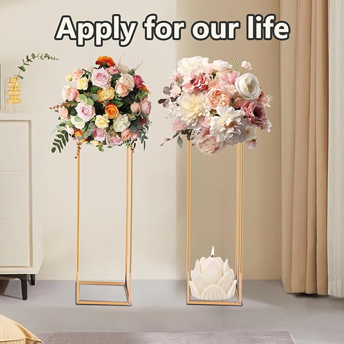 2 Pcs Gold Flower Stand ,Metal Flower Floor Vase Column Geometric Centerpieces Flower Stand for Tables 80cm/31.5in - Wedding & Event Decoration, Home, Party