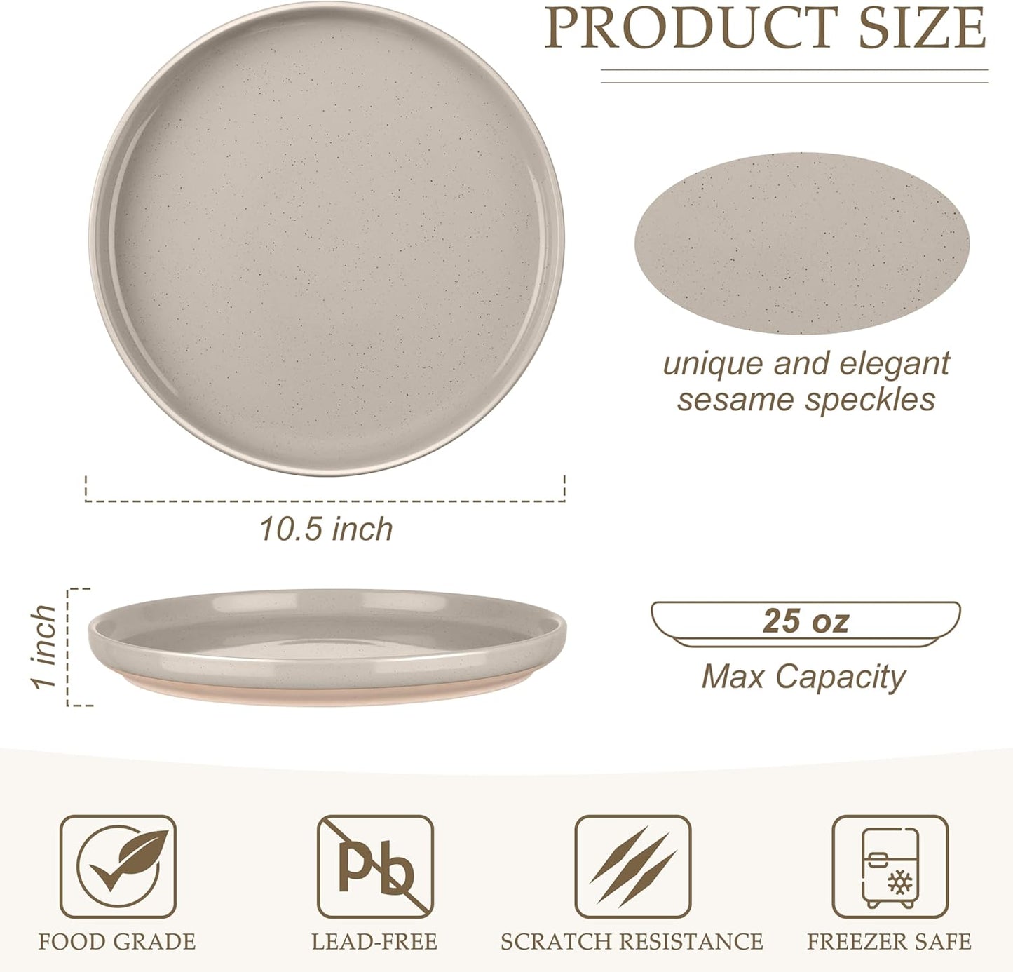 LIANYU Stoneware Dinner Plates Set of 4, 10.5 Inch Porcelain Kitchen Plates, High Edge Flat Dishes Set for Steak, Salad, Dessert, Microwave & Dishwasher & Oven Safe, Scratch Resistant, Milky Brown