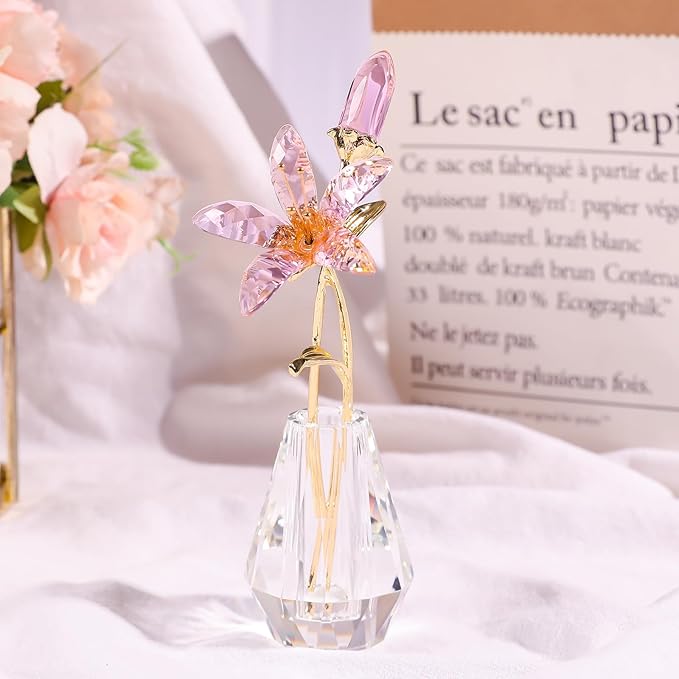 LONGWIN Crystal Artifical Tiger Lily Flowers with Vase - Pink Crystal Collectible Figurines Decorative Blooming Lily Flower for Home and Wedding