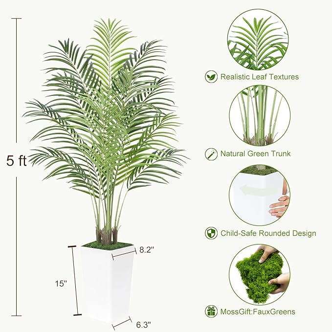 5ft Artificial Palm Tree with White Planter-Tall Artificial Indoor Plants, Fake Tropical Palm Tree, Faux Silk Plants for Home Office Living Room Bedroom Modern Decor