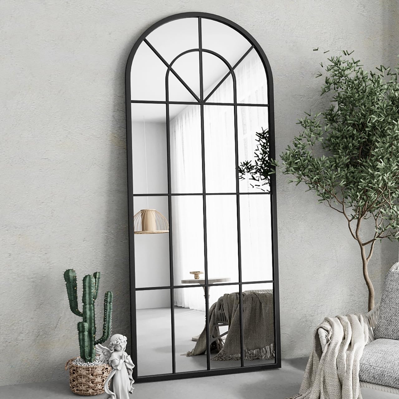 Full Length Mirror, 71"x32" Oversized Floor Mirror Full Length, Large Body Arched Wall Mounted Window Pane Mirrors, Standing Mirrors Hanging or Leaning for Bedroom (Black)