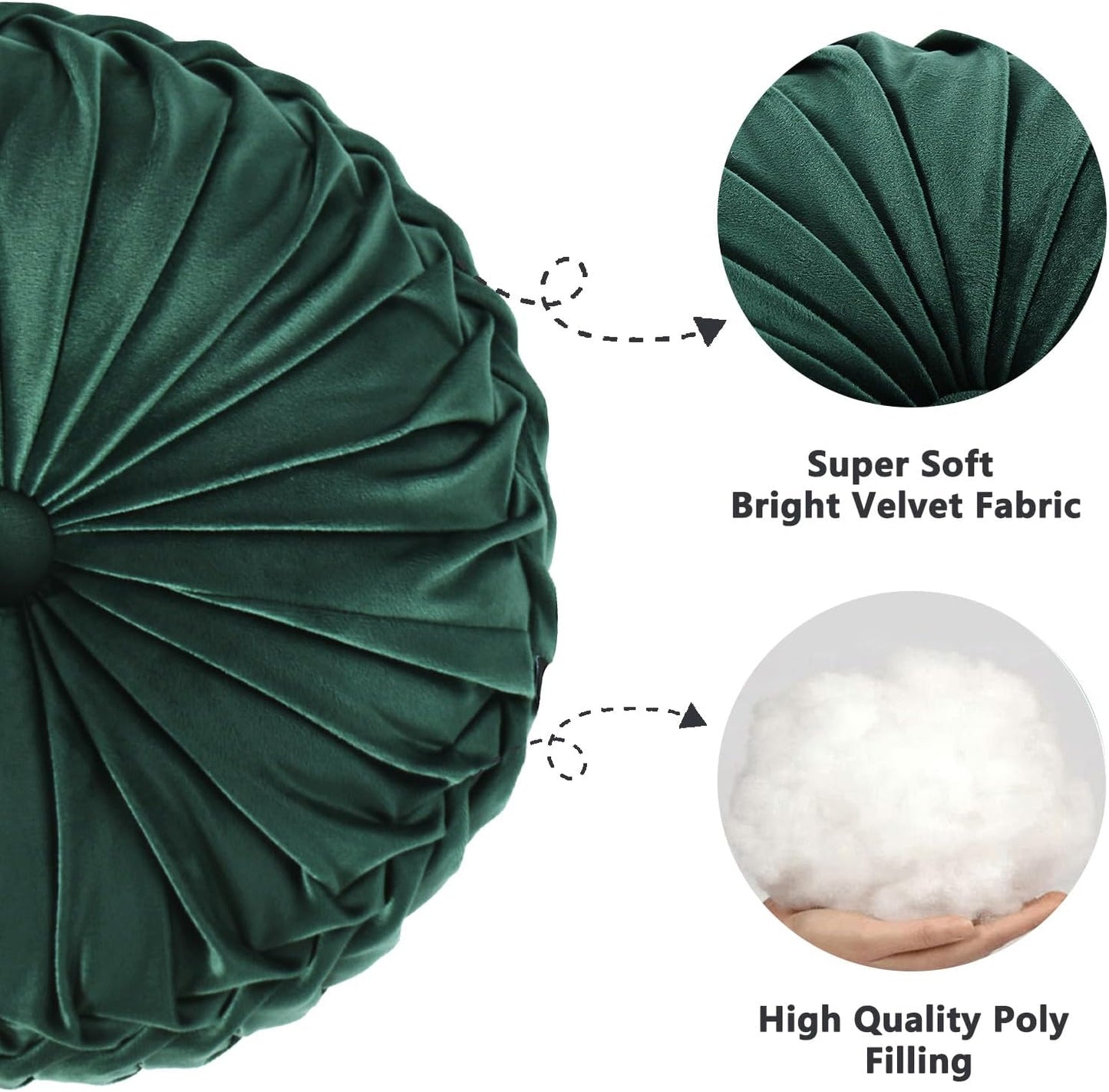 HIG Set of 2 Decorative Round Pleated Throw Pillows, Classy Accent Pumpkin Throw Pillows with Center Button, Vintage Velvet Floor Pillows for Sofa Vanity Chair Bed, Emerald, 14.5" Diameter(Ripple)