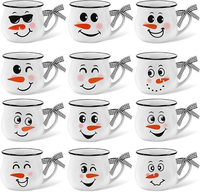 Zubebe Christmas Coffee Mugs Set of 12, 12 oz Hot Cocoa Ceramic Holiday Mugs Set for Mom, Woman, Family, Friend - Farmhouse Tiered Tray Decor, Coffee Bar Decor (White,Snow Man)