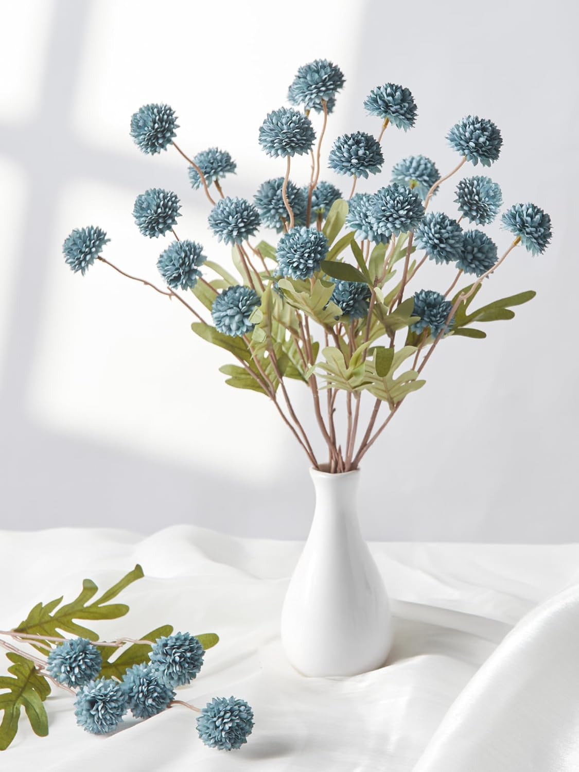 InnoGear Silk Flowers Pompon Mums Artificial Flowers, 5pcs 25 Heads Fake Mini Chrysanthemums with Long Stems Bulk Faux Kiku Flower for Decoration Memorial DIY Wedding Bouquets Centerpieces, Dusty Blue