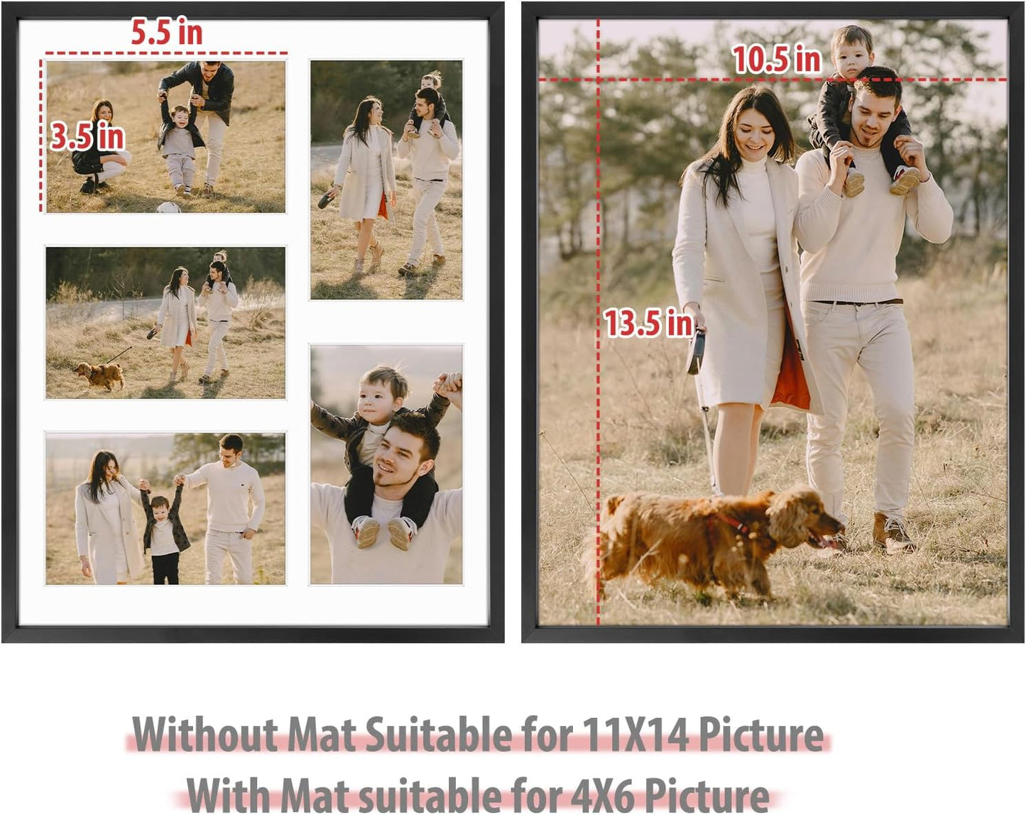 Frametory - 11x14 Aluminum Collage Picture Frame - Display 4x6 Pictures with 5 Openings Mat - Real Glass Front - Horizontal/Vertical Wall Mount - Black 1 Pack