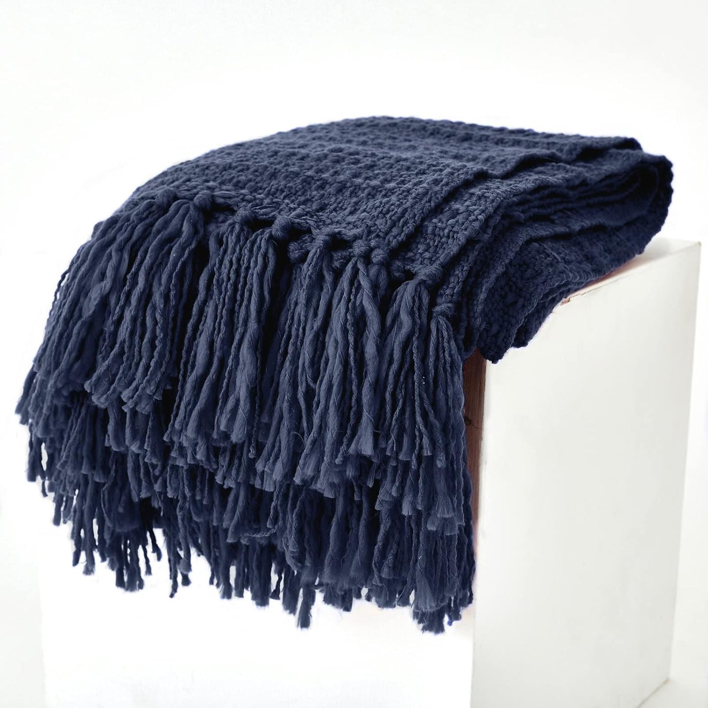 Chunky Knit Throw Blanket, Navy Blue Soft Warm Cozy Bed Blanket with Tassels, Boho Style Textured Knitted Home Decorative for Couch, Sofa &Bed, 50"x60"