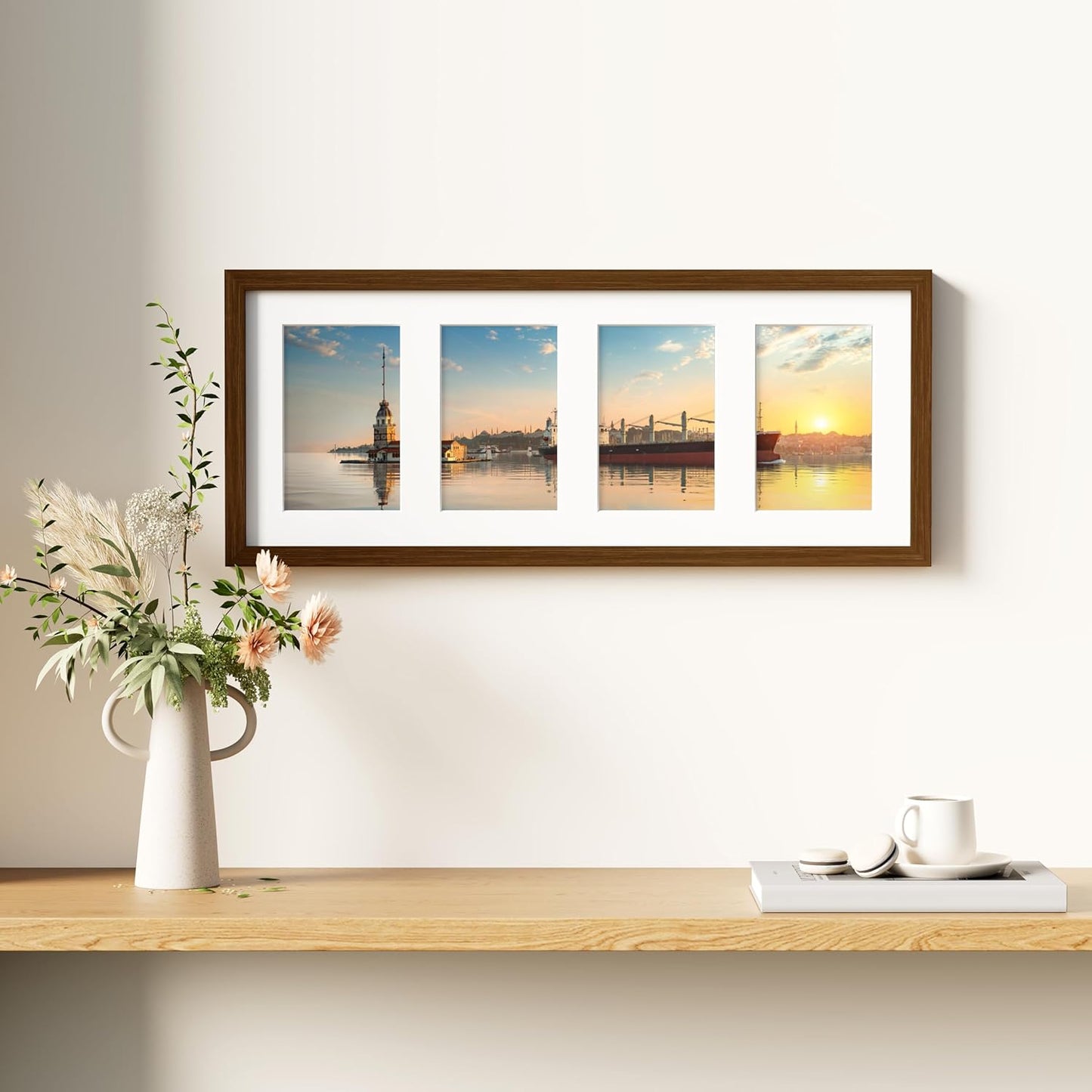 decorUhome 8x20 Picture Frames Collage Wall Decor, Display 4Pcs 4x6 Photos with Mat or 1Pcs 8x20 Unmatted, 4 4x6 Collage Picture Frames for Wall Mounting, Brown