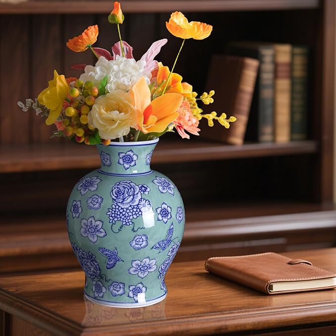 Vintage Chinoiserie Floral Ceramic Vase, Large Rustic Pottery Vases for Living Room, Entryway, Dining Table Centerpiece, Farmhouse Home Décor, Floor or Tabletop Flower Vase, (Green)