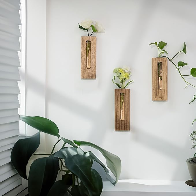 Wood Wall Vase Decor: Rustic Wooden Decor for Farmhouse Bathroom Kitchen Hallway - Hanging Plant Propagation Stations for Indoor Plants Dried Flowers Eucalyptus
