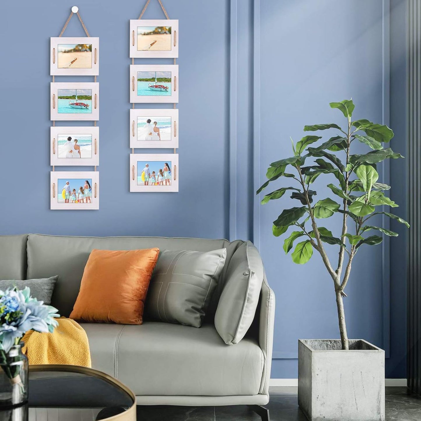 DLQuarts 5x7 Hanging Collage Picture Frames Wall Decor, 4-Opening 5x7 Matted to 3.5x5 Photo Rustic Wood Frame with Hemp Rope, 2 Pack, Vintage White