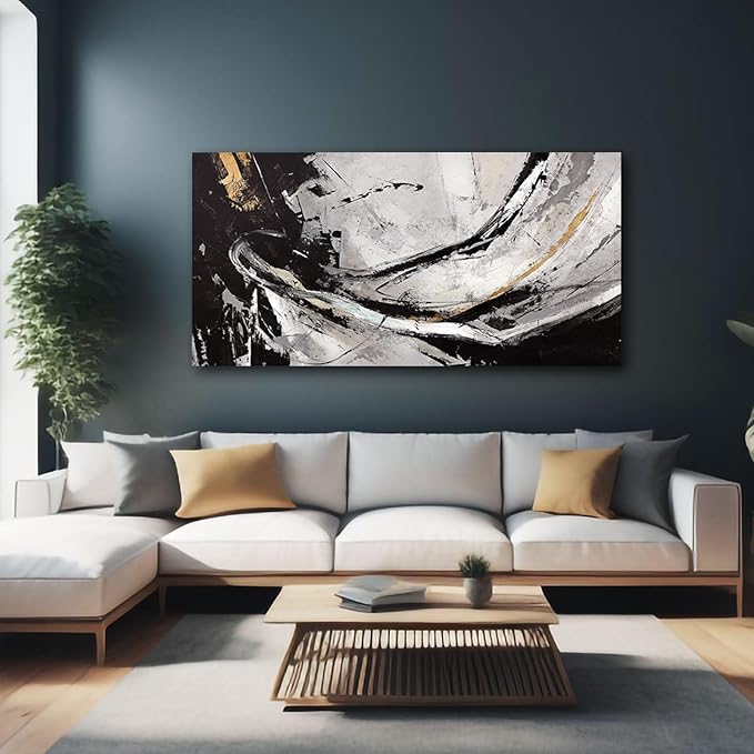 XIANSHOU Black and White Wall Art for Living Room/ 24x48 Inches Abstract Painting/Modern Artwork for Bedroom Home Office Wall Decorations