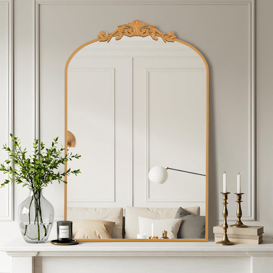 Filigree Arched Wall Mirror 22"x46" Retro Wall-Mounted Mirror with Vintage Ornate Carved Applique Hanging Leaning Antique Home Decor Mirror for Fireplace Living Room Entryway Hallway Bathroom, Gold
