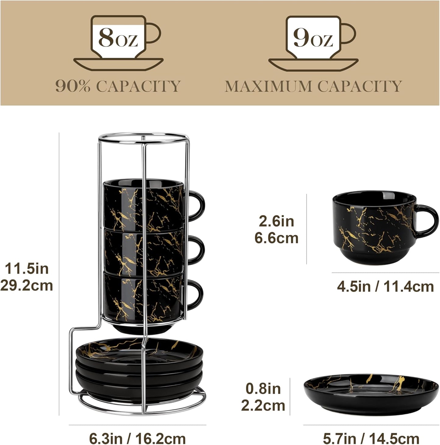 MALACASA 8 OZ Porcelain Espresso Cups with Saucers and Metal Stand Set of 4, Stackable Cappuccino Cups, Marble Black Expresso Shots Cup Set for Coffee Drinks, Latte, Tea