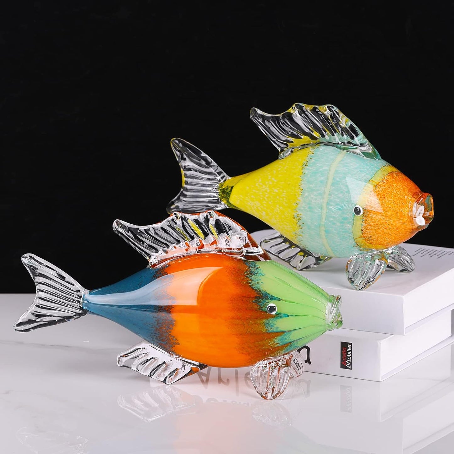 LCCCK Large Glass Fish Statue, Hand Blown Glass Sea Life Figurines, Coastal Decor for Home,Tropical Fish Ornaments Collectible Figurines, Coffee Table, Shelf, Office, Bathroom Decoration Nautical Art