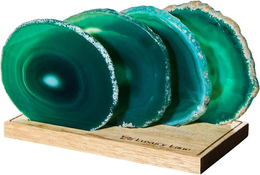 Luxury Lane Set of 4 Large Natural Brazilian Agate Slice Geode Rock Stone Drink Coasters with Wood Holder 4.3-4.7 inch Centerpiece Table Decoration, Emerald Green
