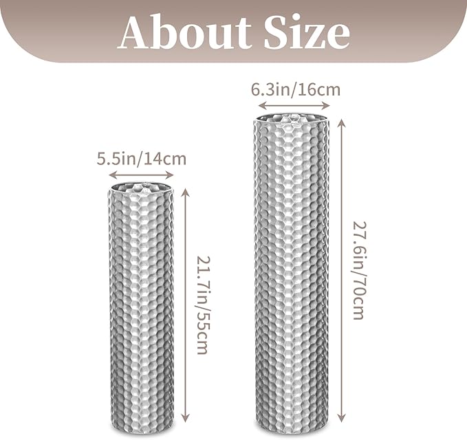 Sziqiqi Silver Tall Floor Vase: 27.6/21.7in Metal Cylinder Vases Extra Large Decorative Vase Set of 2 Living Room Modern Honeycomb Texture Big Standing Decor for Dining Bedroom Home Corner Indoor