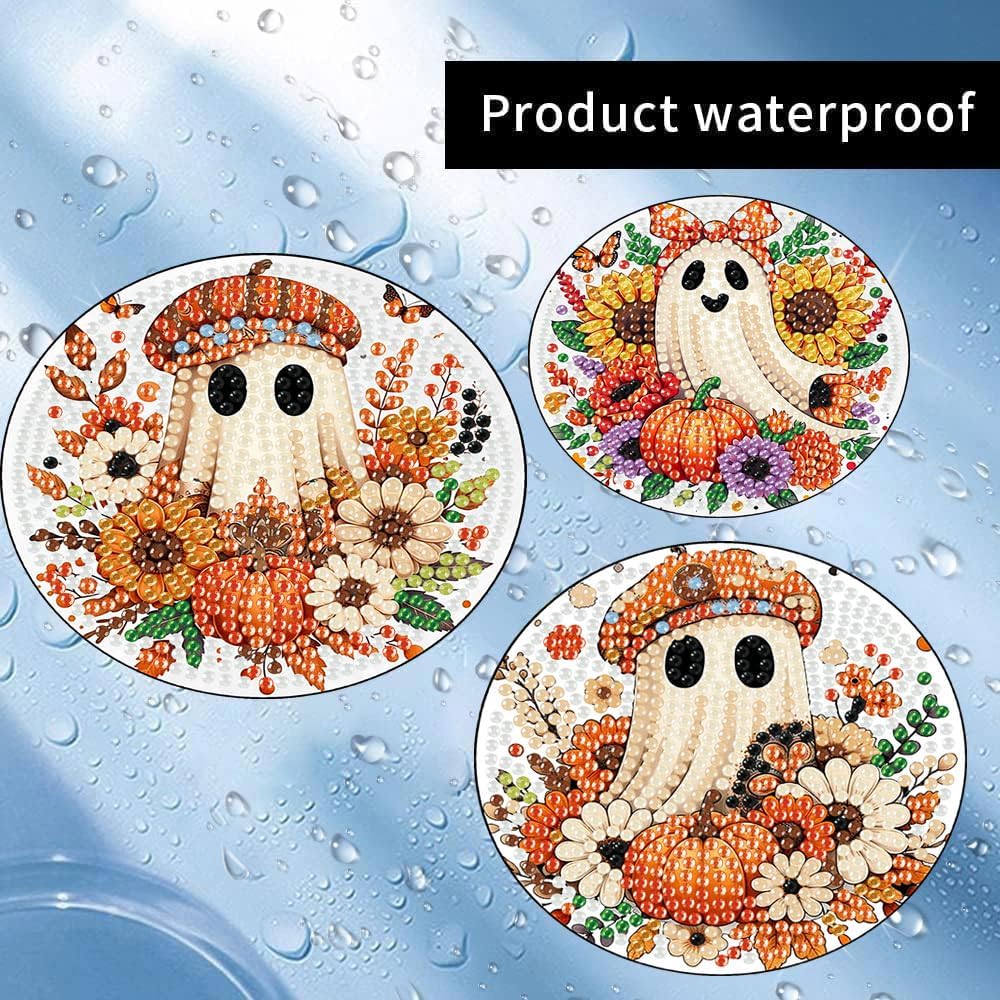 Meothan 8 Pcs Halloween Diamond Art Coasters Kits for Adults with Holder Cork Pads, Fall Diamond Dots Art Painting Coasters Crafts Kit for Home Office Decor (Ghost Theme)