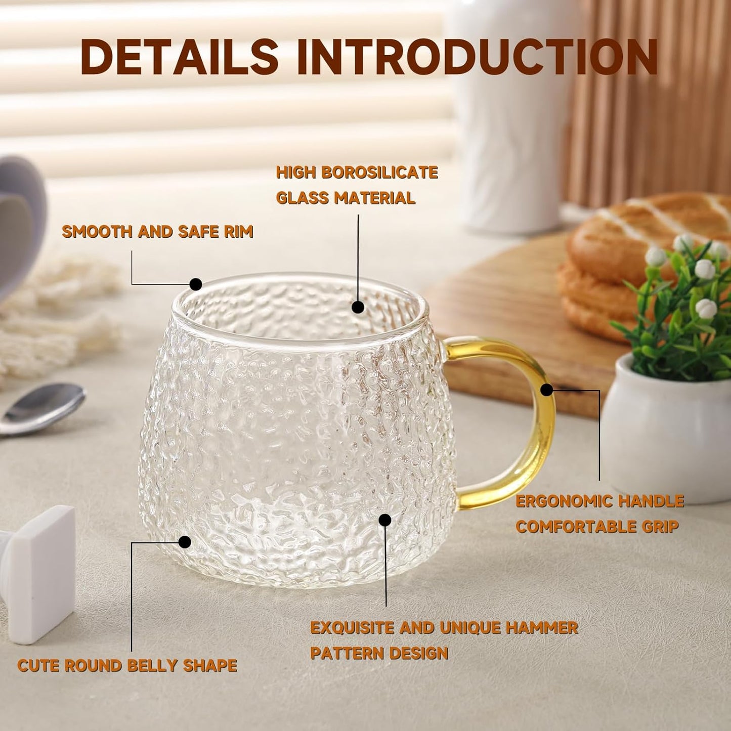 Glass Tea Cups with Colorful Handle Set of 4, Clear Borosilicate Glass Teacups with Hammer Pattern, Large Coffee Mugs for Espresso Cappuccino Latte Juice, 16OZ/480ML