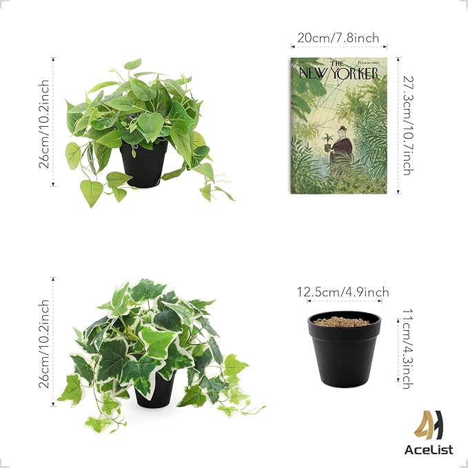 2 Pack Fake Plants Decor, Artificial Plants for Home Decor Indoor, Fake Ivy Potted Plants for Shelf Decor Realistic Faux Plants Indoor with Pot for Home Living Room Bedroom Office Decoration