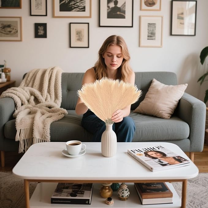 30 Pcs Khaki Faux Pampas Grass, 17 Inches Artificial Pampas Grass Bulk, Short Fluffy Faux Pompas for Vase Filler, Home Boho, Wedding Anniversaries, Baby Shower Decoration