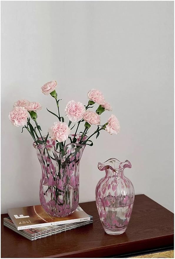 Hand Blown Pink Glass vase-8.7 inch Tall, Modern Art Wide Mouth Glass vase for Living Room, Wedding, Dining Table, Office Center Table Display Flower