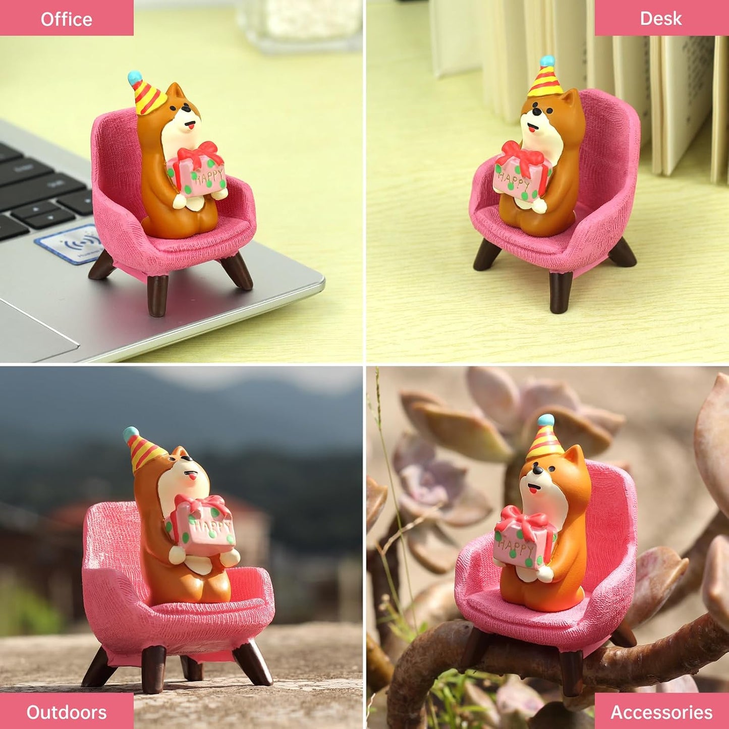 Cute Mini Puppy Holding a Gift Figurine - Resin Dog for Office, Home Decoration for Dog Lovers - Pink Sofa