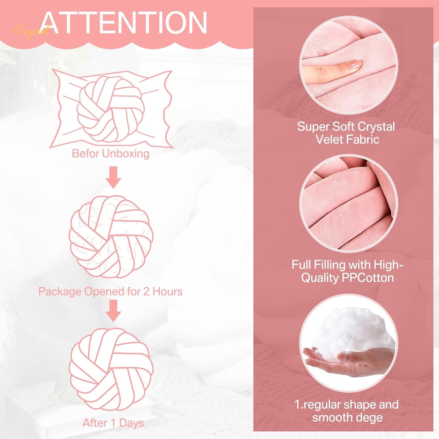 Fumete 2 Pcs 14 Inches Knot Pillow Round Throw Soft Plush Knot Ball Pillow Handmade Knotted Modern Home Decorative Cushion for Bed Bedroom, Sofa, Couch (Light Pink)