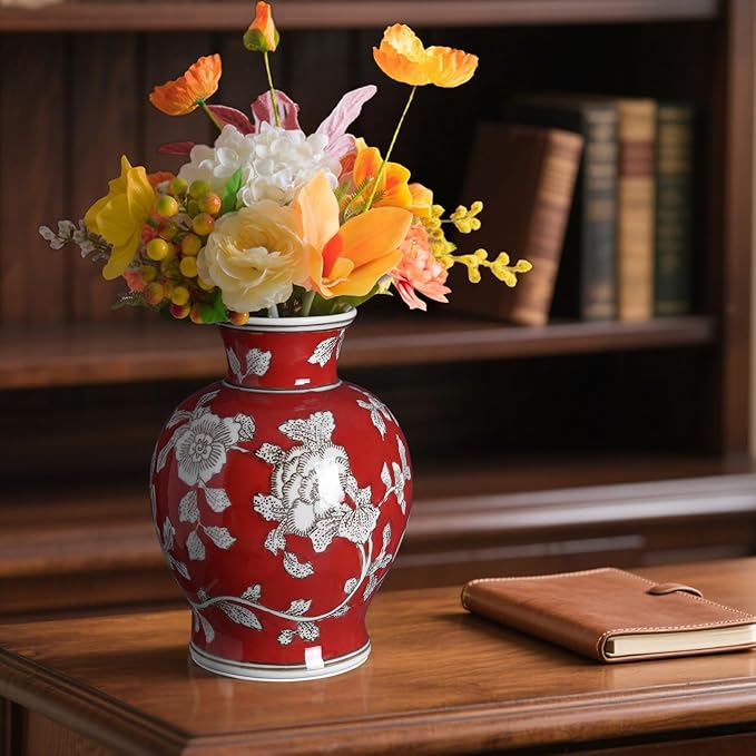 Vintage Chinoiserie Floral Ceramic Vase, Large Rustic Pottery Vases for Living Room, Entryway, Dining Table Centerpiece, Farmhouse Home Décor, Floor or Tabletop Flower Vase, (Red)