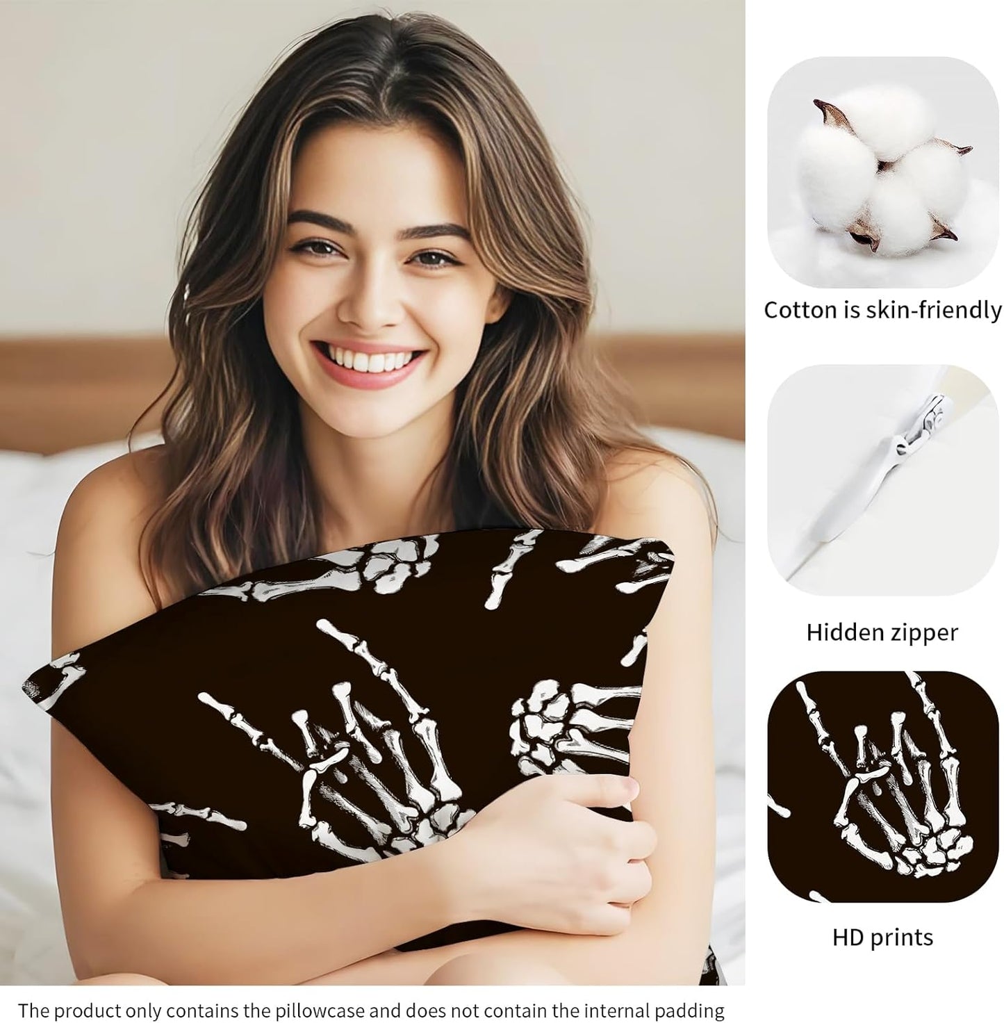 Decorative Throw Pillow Covers 18x18 Inch, Cute Home Decor for Living Room Outdoor Funny Pillowcase Polyester Cushion Case Black Skeleton Hands